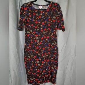 NWT Lularoe Julia, black dress with warm colored floral pattern, size S